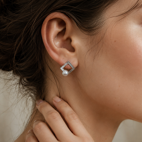 Earrings by House of Pearls: 7–8mm Japanese silver-blue Akoya pearl square-shell stud