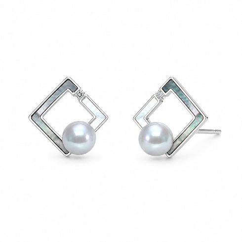 Pair of square stud earrings featuring 7–8mm Japanese Akoya pearls in silver-blue, House of Pearls.