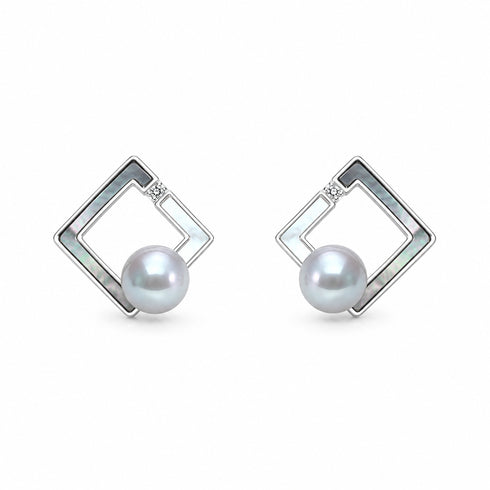 7-8mm Japanese Silver Blue Akoya Pearl Shell Square Stud Earrings, House of Pearls, pair.
