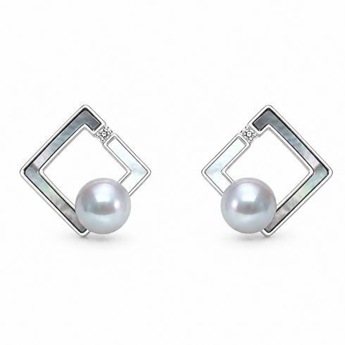 7-8mm Japanese Silver Blue Akoya Pearl Shell Square Stud Earrings, House of Pearls, pair.