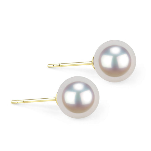Akoya pearl stud earrings on gold posts; white round 5.5–7.5mm pearls, three shown
