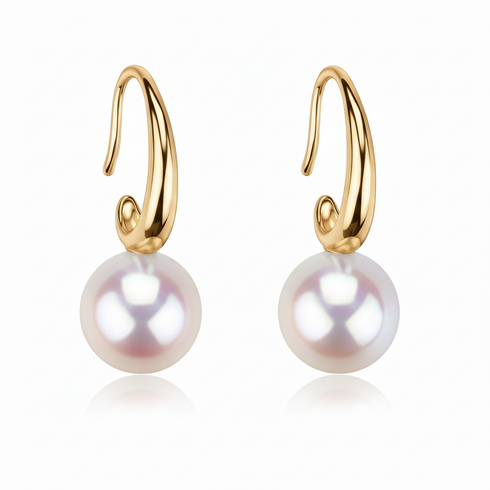 8-9mm Akoya Pearl Hook Modern Earrings, a pair with gold-tone hooks and white pearls.
