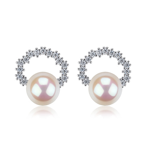 7-8mm White Akoya Pearl CZ Halo Circle Pearl Stud Earrings - Earrings made with hand-selected pearls from House of Pearls