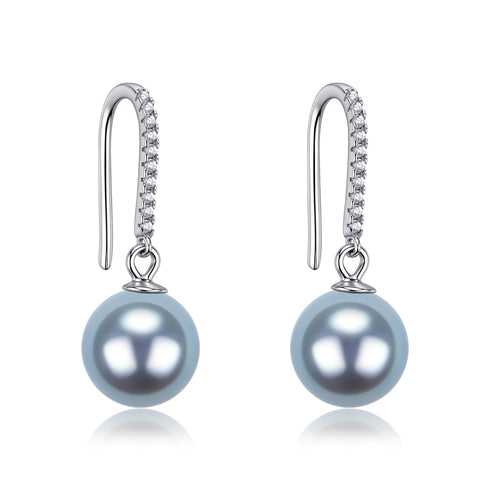 Sterling silver Akoya pearl hook earrings pair with diamond-accented hoops and blue 7-8mm pearls