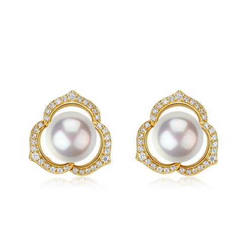Earrings: Japanese White Akoya Pearl Flora Petal, gold halo with pavé diamonds, House Of Pearls XM