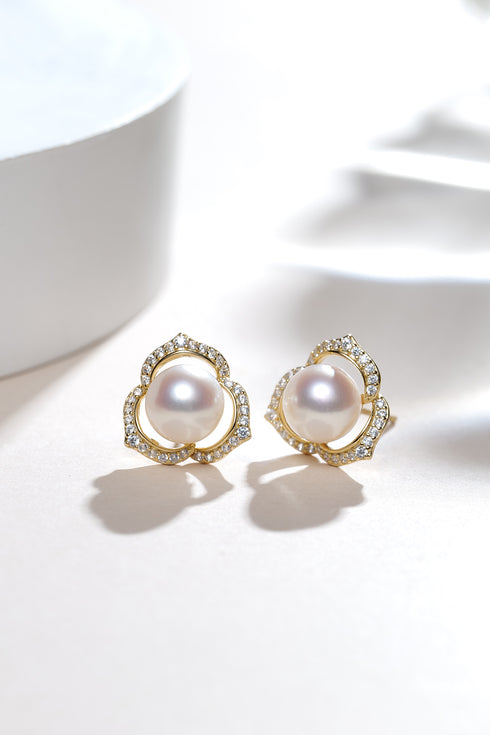 Earrings: Japanese White Akoya Pearl Flora Petal by House Of Pearls XM, pair with gold-tone frame and pave crystals.