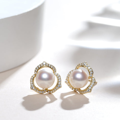 Earrings: Japanese White Akoya Pearl Flora Petal by House Of Pearls XM, pair with gold-tone frame and pave crystals.