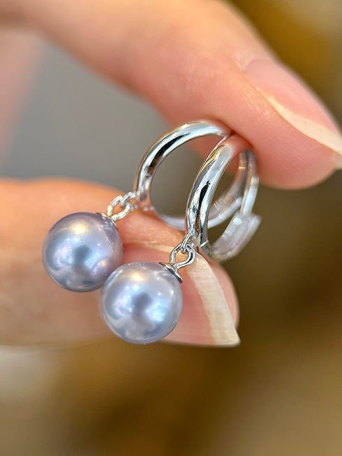 7-8mm Akoya Silver Blue Pearl Hoop Earrings - Earrings made with hand-selected pearls from House of Pearls