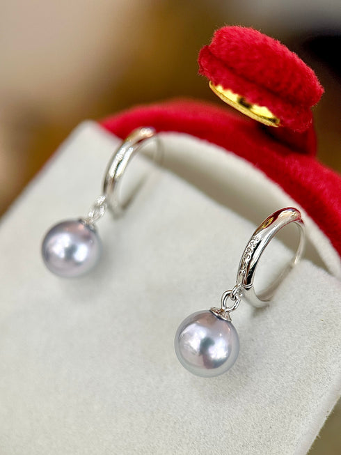 7-8mm Akoya Silver Blue Pearl Hoop Earrings - Earrings made with hand-selected pearls from House of Pearls