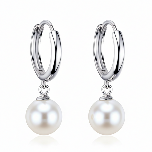8-9mm Akoya Pearl Hoop Earrings, two silver hoops each with a dangling white pearl.