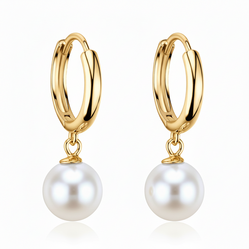 8-9mm Akoya Pearl Hoop Earrings, gold-tone hoops with white Akoya pearls, pair