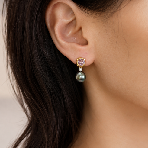 Earrings by House Of Pearls: 9–10mm amethyst pink Tahitian baroque pearl drops in gold vermeil