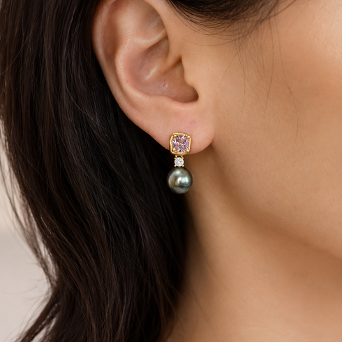Earrings by House Of Pearls: 9–10mm amethyst pink Tahitian baroque pearl drops in gold vermeil