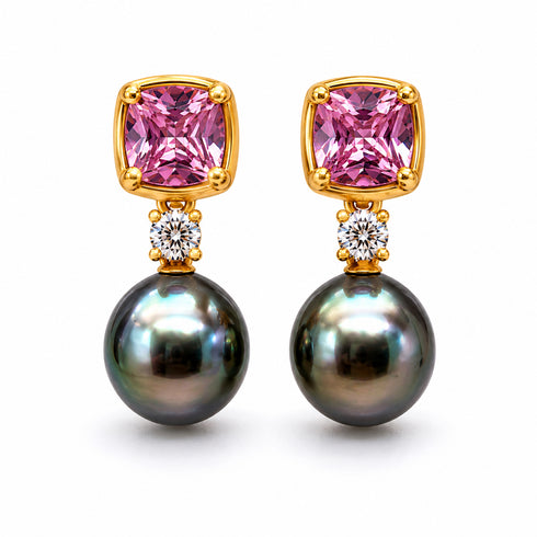 Pair of earrings: pink amethyst Tahitian baroque pearls in gold vermeil with diamond accents