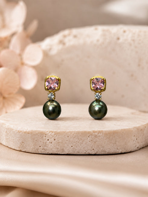 Earrings by House Of Pearls: 9–10mm Tahitian pearl drops with pink amethyst tops in gold vermeil.