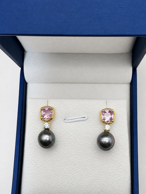 Pair of House Of Pearls earrings: 9–10mm amethyst pink Tahitian baroque pearl drops, gold vermeil, diamond accents.