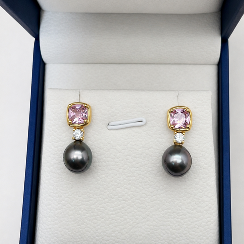 Pair of House Of Pearls earrings: 9–10mm amethyst pink Tahitian baroque pearl drops, gold vermeil, diamond accents.
