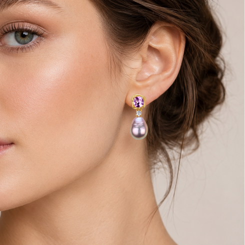 Amethyst Purple Pink Baroque Pearl Earrings, gold-tone drop with square purple gemstone and teardrop pearl.