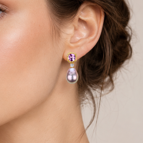 Amethyst Purple Pink Baroque Pearl Earrings, gold-tone drop with square purple gemstone and teardrop pearl.
