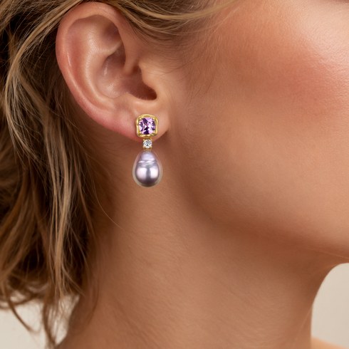 Earrings with gold setting, amethyst purple pink baroque pearl drop.
