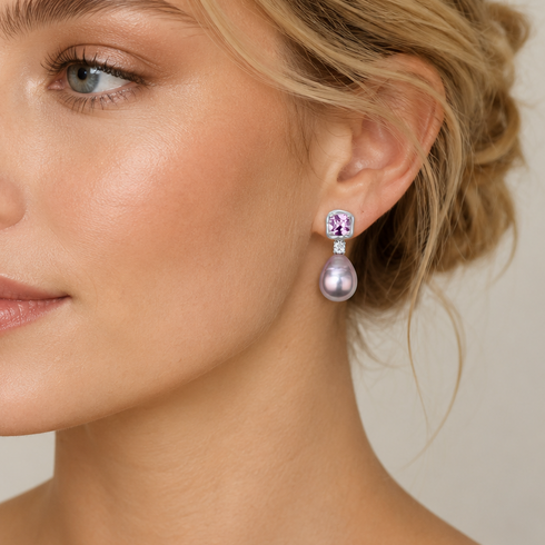 Earrings: 10–12mm amethyst purple-pink baroque pearls with square purple gemstone stud and dangling lavender pearl