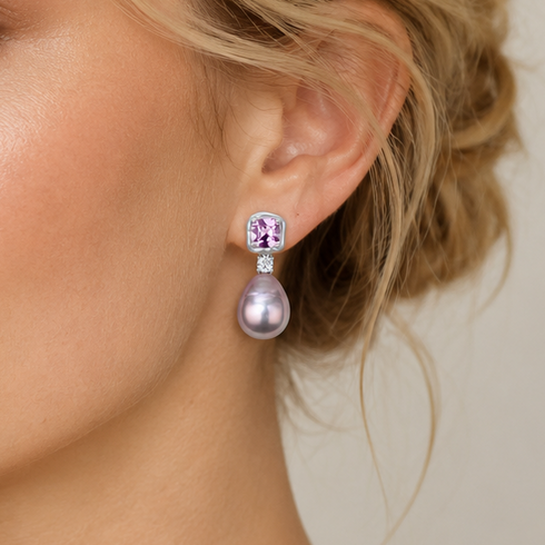Earrings: 10–12mm amethyst purple-pink baroque pearls with square purple gemstone stud and dangling lavender pearl