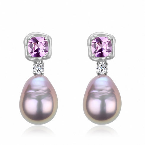 Earrings pair: amethyst purple-pink square gem with diamond and lavender-pink baroque pearl drops on silver settings