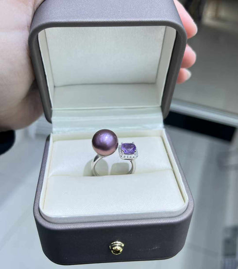 Aurora Iridescent Purple Pearl Ring with Large Amethyst Crystal - Rings made with hand-selected pearls from House of Pearls