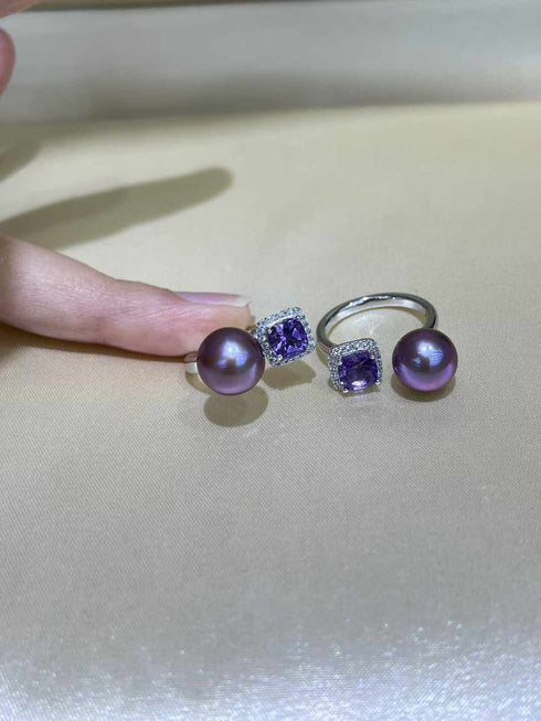 Aurora Iridescent Purple Pearl Ring with Large Amethyst Crystal - Rings made with hand-selected pearls from House of Pearls