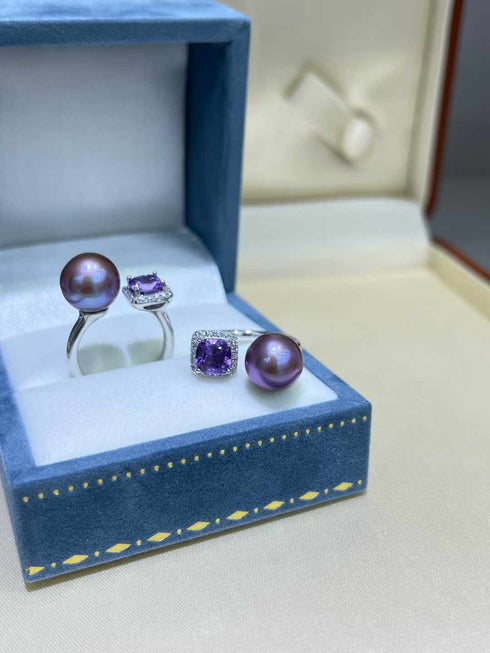 Aurora Iridescent Purple Pearl Ring with Large Amethyst Crystal - Rings made with hand-selected pearls from House of Pearls