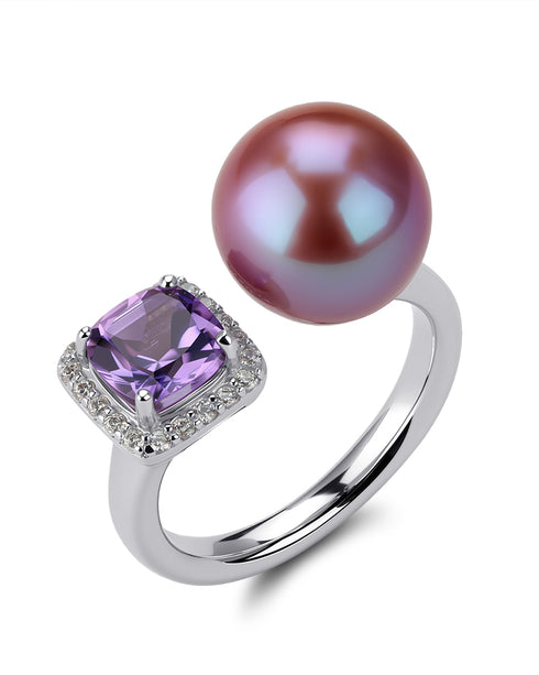 Aurora Iridescent Purple Pearl Ring with Large Amethyst Crystal - Rings made with hand-selected pearls from House of Pearls