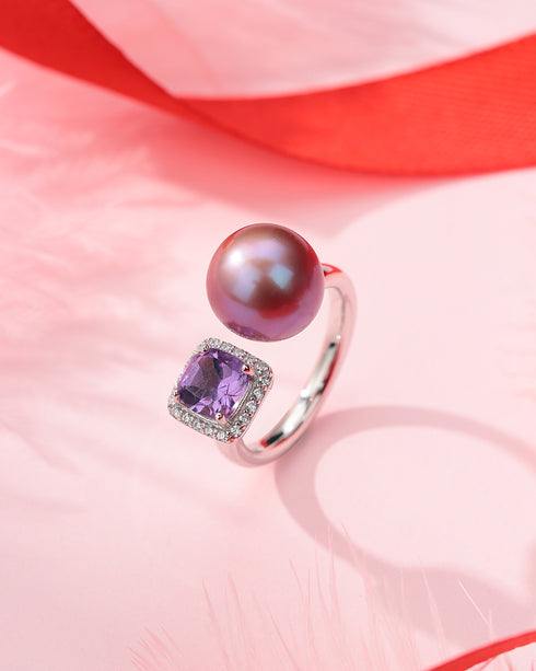 Aurora Iridescent Purple Pearl Ring with Large Amethyst Crystal - Rings made with hand-selected pearls from House of Pearls