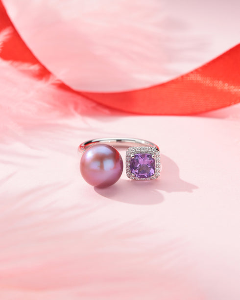 Aurora Iridescent Purple Pearl Ring with Large Amethyst Crystal - Rings made with hand-selected pearls from House of Pearls