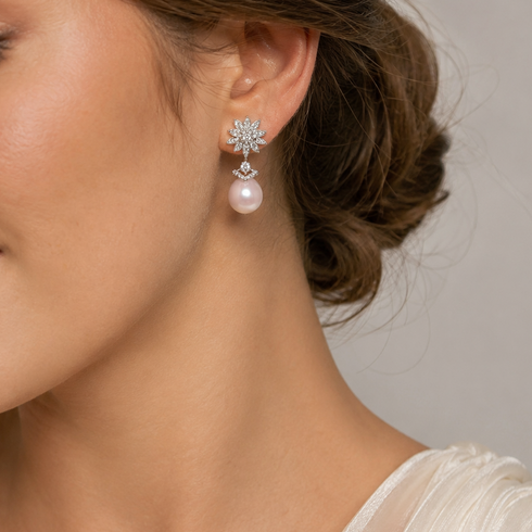 11-12mm White South Sea Oval Pearl Flora Drop Earrings with crystal floral top