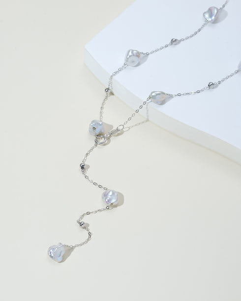Baroque Freshwater Pearl Y-Shape Necklace on silver chain with iridescent pearls