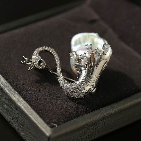Baroque Pearl and Zirconia Swan Brooch - Brooch made with hand-selected pearls from House of Pearls