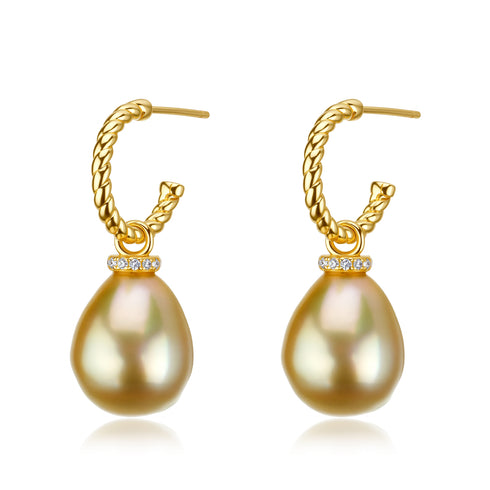 Earrings: 11–12mm Golden South Sea Baroque Pearl Twisted Hoop with diamond-accented ring and pearl drop; pair.