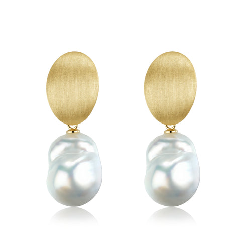 Earrings: pair of brushed gold oval drop earrings with 13-14mm white South Sea baroque pearls.