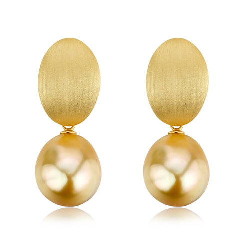Earrings, 12–13mm Golden South Sea Baroque pearl drops with brushed gold oval settings, House Of Pearls LC (2)
