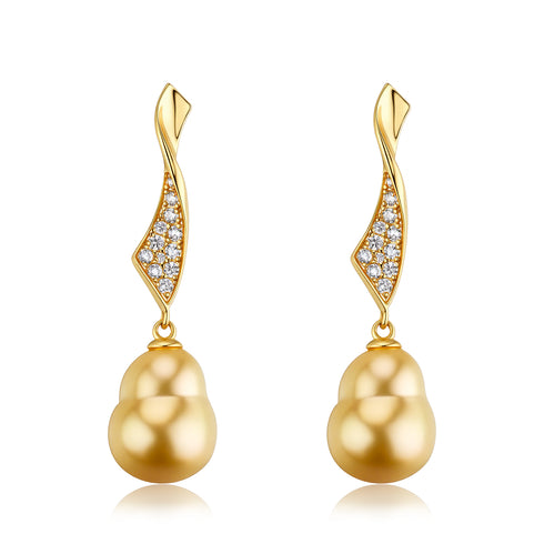11-12mm Golden South Sea Baroque Pearl Wave Drop Earrings; gold, diamond-accented curved design, pair by House Of Pearls LC
