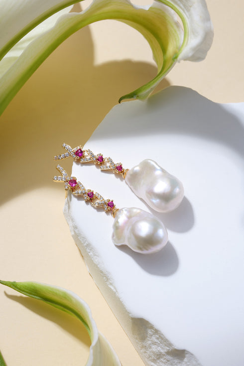 AAA Grade Freshwater Pearl Baroque Drop Sculpted Earrings in gold with diamonds and pink stones; House of Pearls - SY