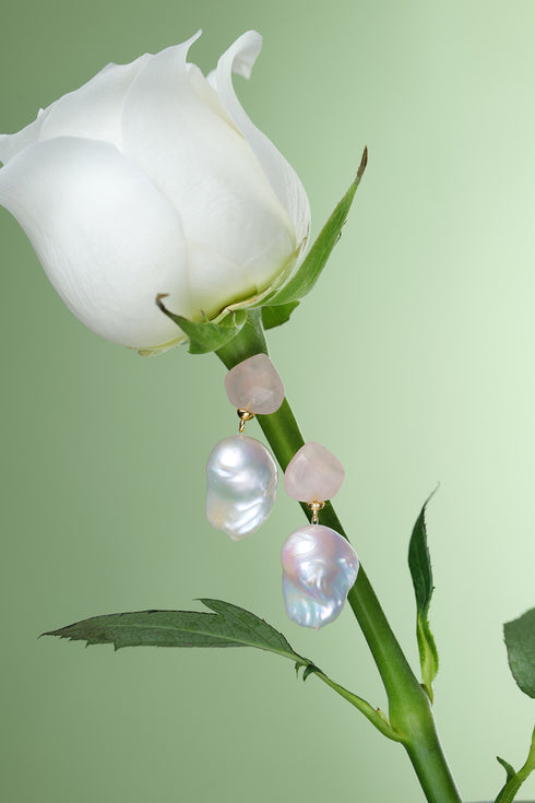 Baroque Pearl Rose Quartz Drop Earrings - Earrings made with hand-selected pearls from House of Pearls