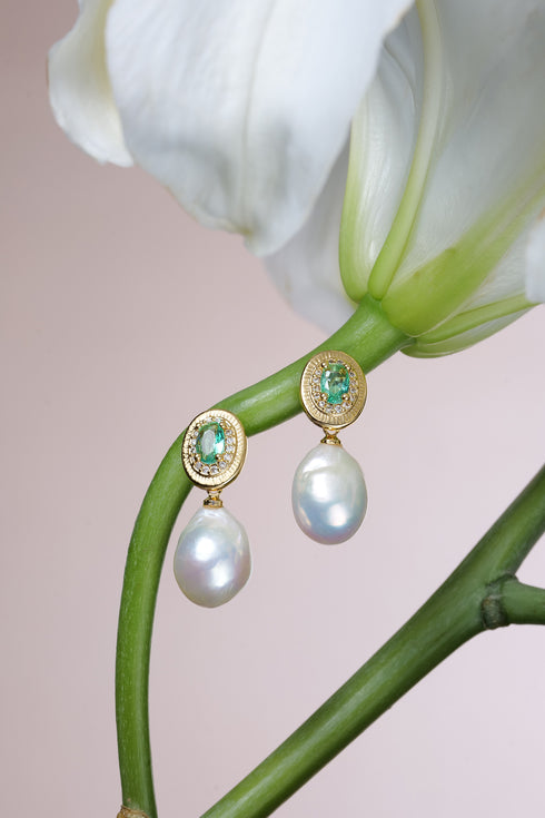 9-11mm Baroque Freshwater Pearl Drop Emerald Accent Earrings, House of Pearls