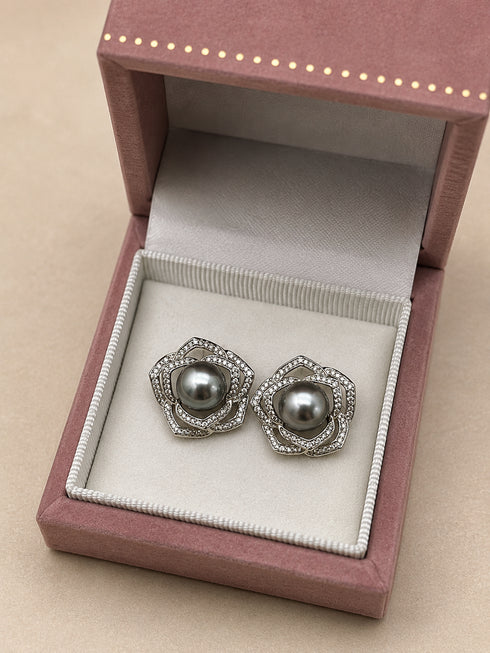 Earrings: 10–11mm Tahitian pearl rose floral CZ studs in sterling silver by House Of Pearls
