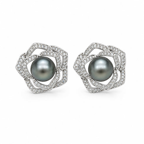 Earrings: 10-11mm Tahitian pearl rose floral CZ studs in sterling silver by House Of Pearls, pair