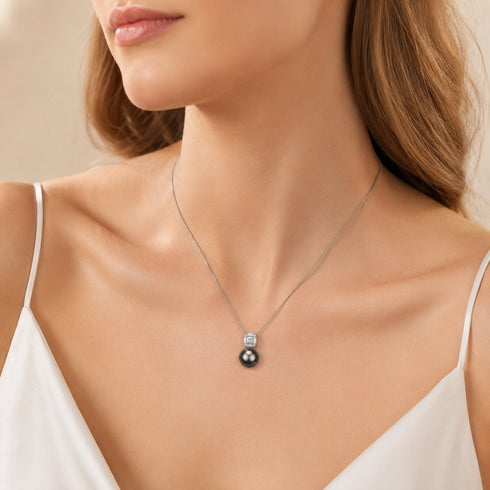 Tahitian Pearl Square Crystal Pendant Necklace, silver chain with a black Tahitian pearl