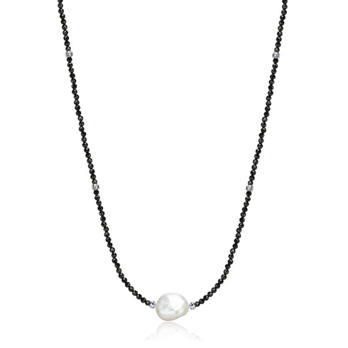 Black Spinel Beaded Baroque Pearls Choker Necklace with a white baroque pearl centerpiece