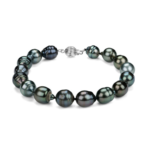 Bracelet: House Of Pearls Tahitian pearl baroque circle, 8–11mm, AAA grade, dark South Sea pearls, silver clasp