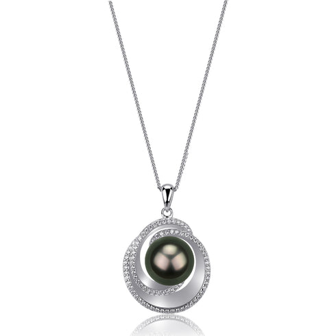 Tahitian Black Pearl Midnight Glow Pendant Necklace with 11-12mm pearl and diamond halo on a silver twisted-chain