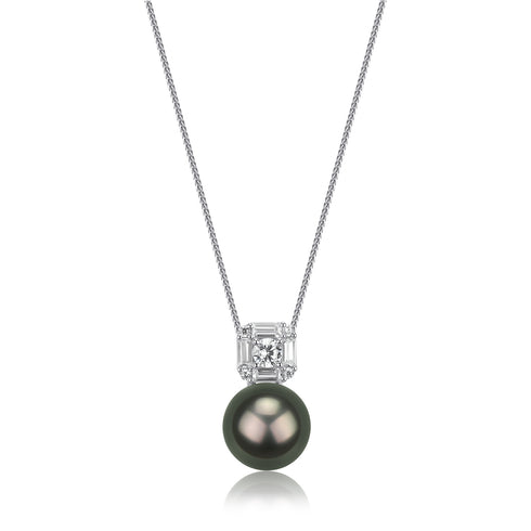 Necklace pendant featuring an 11–12mm Tahitian black pearl set in a diamond-studded square pendant on a silver chain